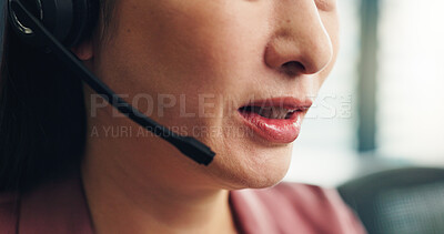 Buy stock photo Woman, mouth or consultant with mic for telemarketing, customer service or online advice at call center. Japan, closeup or female person consulting with headset for virtual assistance or agent help