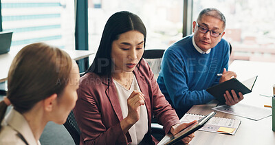 Buy stock photo Meeting, tablet and group of business people in discussion, solution and cooperation with mature CEO. Japanese team, collaboration and planning project for investment, finance and revenue in office