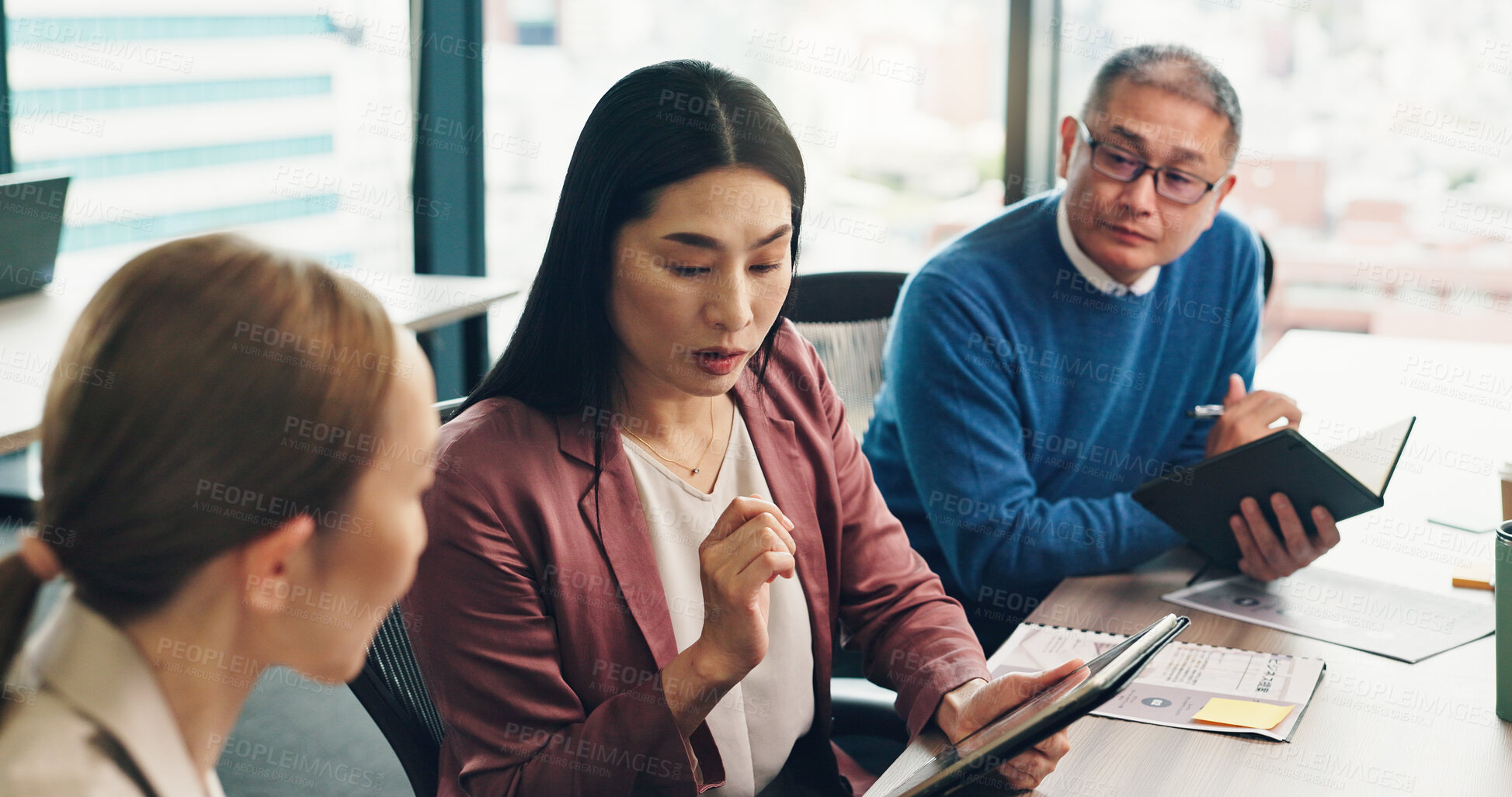 Buy stock photo Meeting, tablet and group of business people in discussion, solution and cooperation with mature CEO. Japanese team, collaboration and planning project for investment, finance and revenue in office