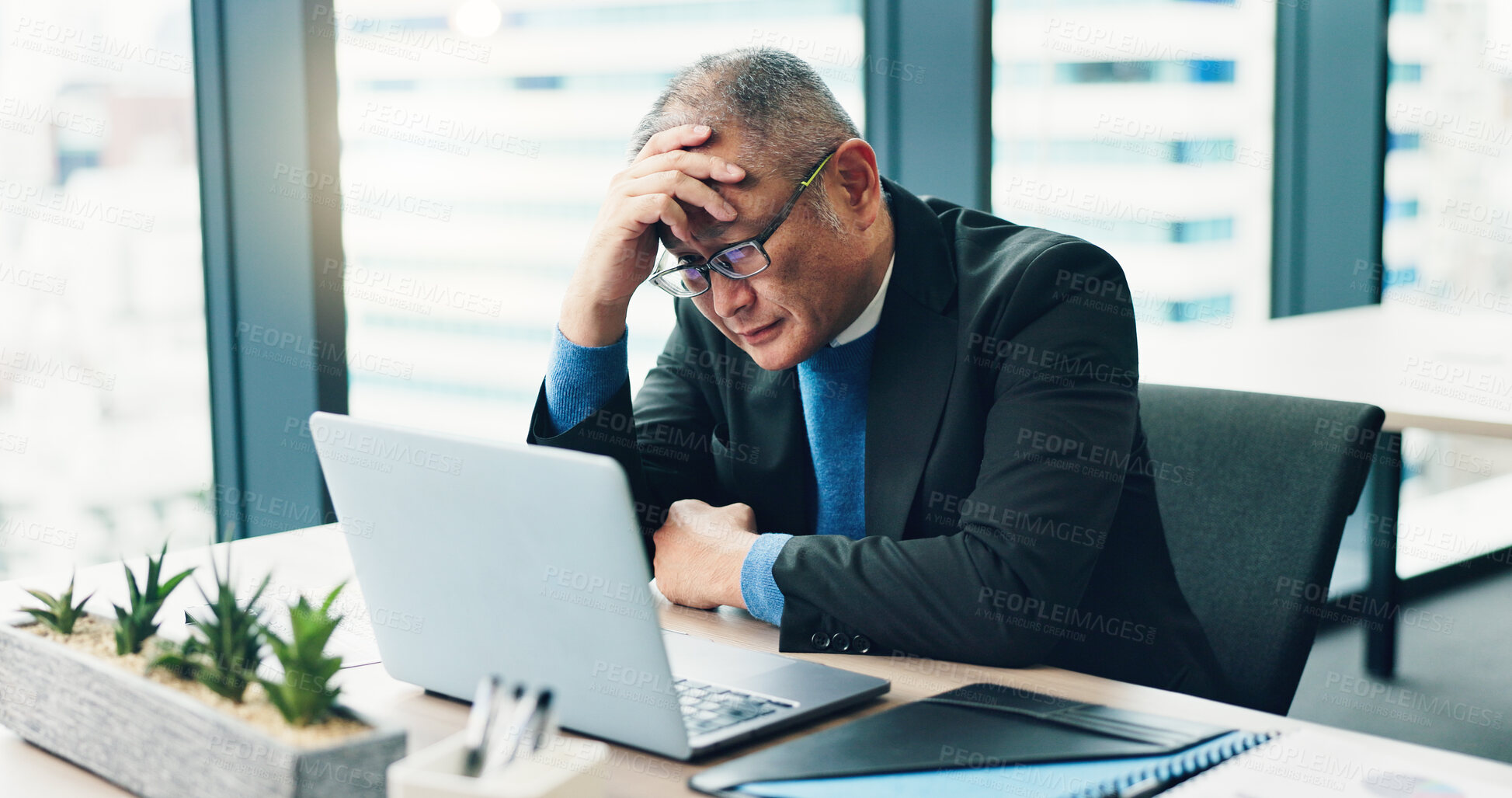 Buy stock photo Fail, stress or businessman on laptop with loss, worry and anxiety for taxes or bankruptcy. Investment, frustrated director or overwhelmed Japanese boss in office for deadline, mistake or pressure