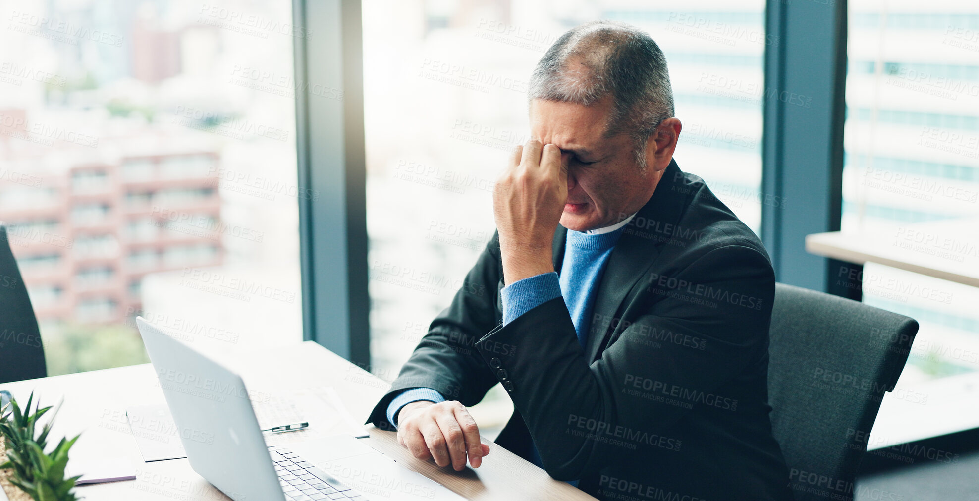 Buy stock photo Fail, investing or businessman on laptop with loss, worry and anxiety for taxes or bankruptcy. Stress, frustrated director or overwhelmed Japanese boss in office for deadline, mistake or pressure