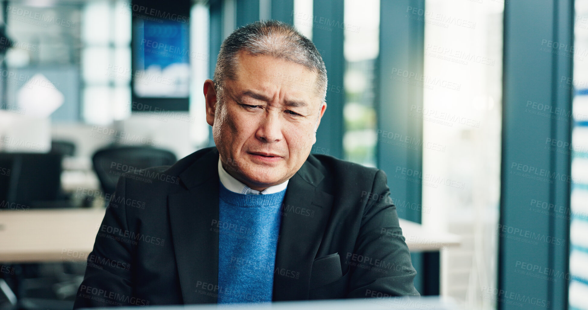 Buy stock photo Businessman, confused or thinking in office for reading laptop notification and online research. Doubt, mature or Japanese accountant with question for corporate company, problem solving or ideas