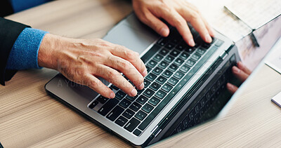 Buy stock photo Above, businessman and hands on laptop for typing, planning and update schedule in Japan office. Corporate person, tech and connectivity in workplace for email, contact or economy research for growth