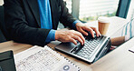 Businessman, hands and typing on laptop for planning, ecommerce and update schedule in Japan office. Corporate person, tech or documents in workplace for email, contact or economy research for growth