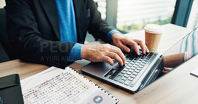 Buy stock photo Businessman, hands and typing on laptop for planning, ecommerce and update schedule in Japan office. Corporate person, tech or documents in workplace for email, contact or economy research for growth