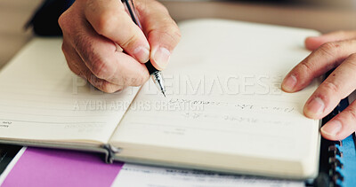 Buy stock photo Person, hands and writing with book for equation, problem solving or diary on desk at office. Japan, closeup or employee with notebook or pen for math, date or schedule planning on table at workplace