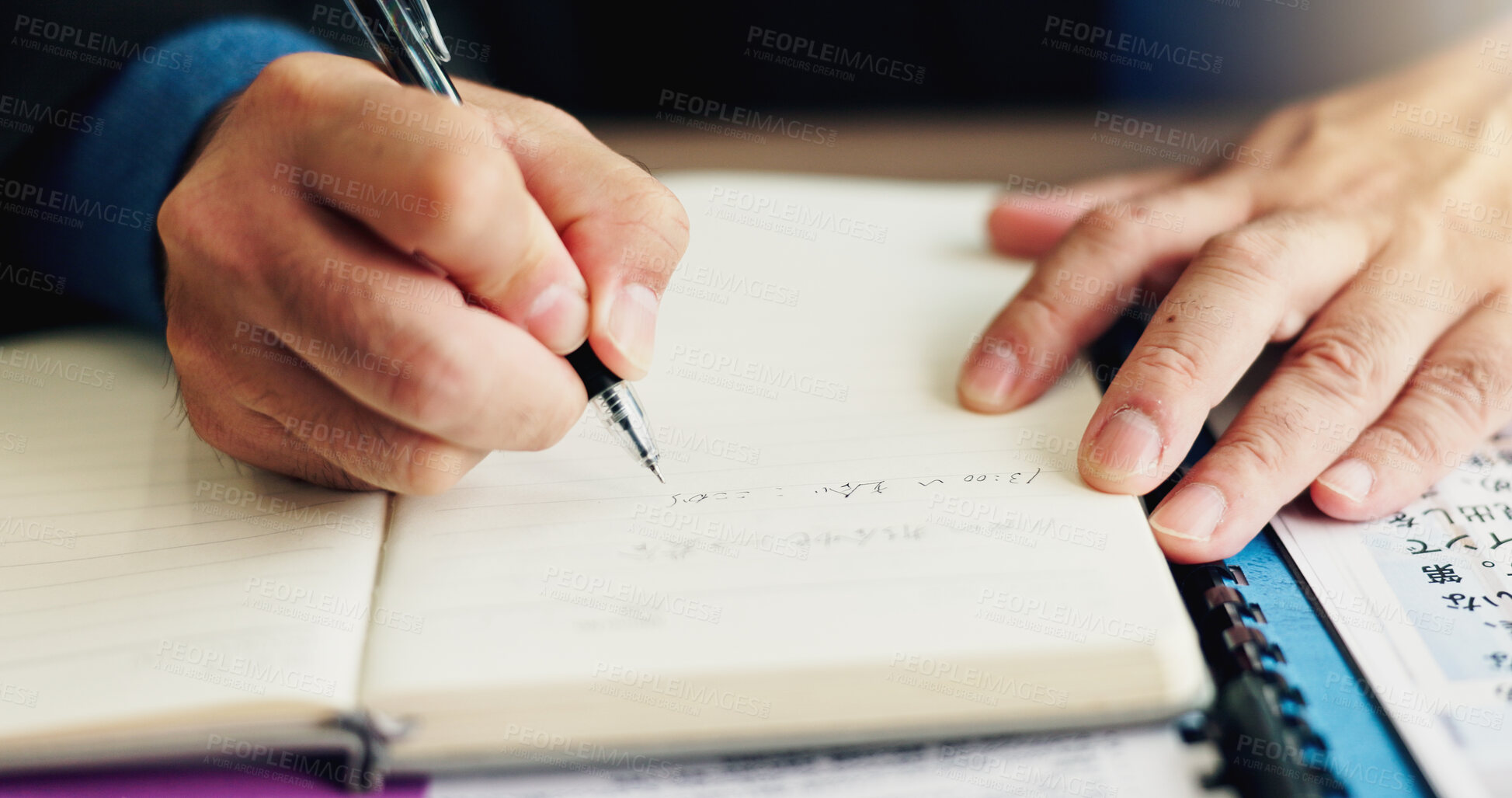 Buy stock photo Japanese, person and hands writing with book for calendar, problem solving or diary on desk at office. Closeup, planner or employee with notebook or pen for agenda, date or schedule task at workplace