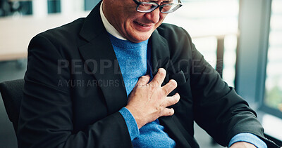 Buy stock photo Loss, stress or businessman with heart attack, burnout and anxiety for bankruptcy or worry. Chest pain, frustrated director or overwhelmed Japanese boss in office for deadline, mistake or pressure