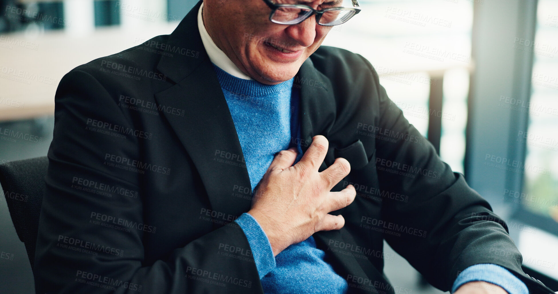 Buy stock photo Loss, stress or businessman with heart attack, burnout and anxiety for bankruptcy or worry. Chest pain, frustrated director or overwhelmed Japanese boss in office for deadline, mistake or pressure