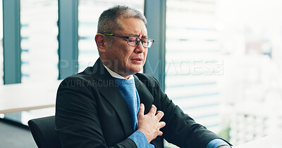 Buy stock photo Loss, stress or businessman with heart attack, anxiety or debt for bankruptcy or worry. Chest pain, frustrated director or overwhelmed Japanese boss in office for deadline, mistake or audit pressure