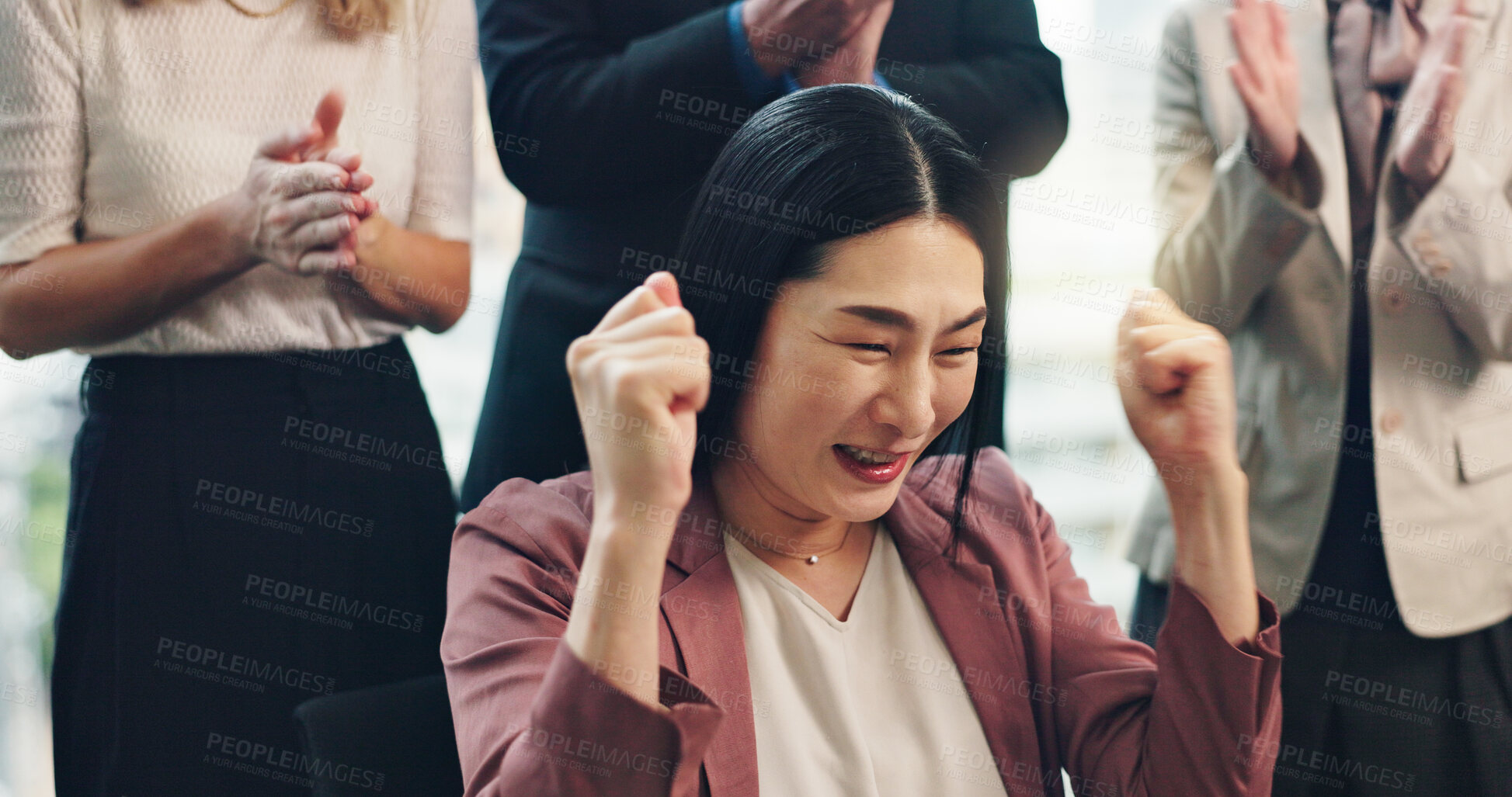 Buy stock photo Woman, success and team celebrate business achievement, goal or clapping for target. Excited, winner and happy Japanese group cheers for victory, promotion or applause for investment profit in office