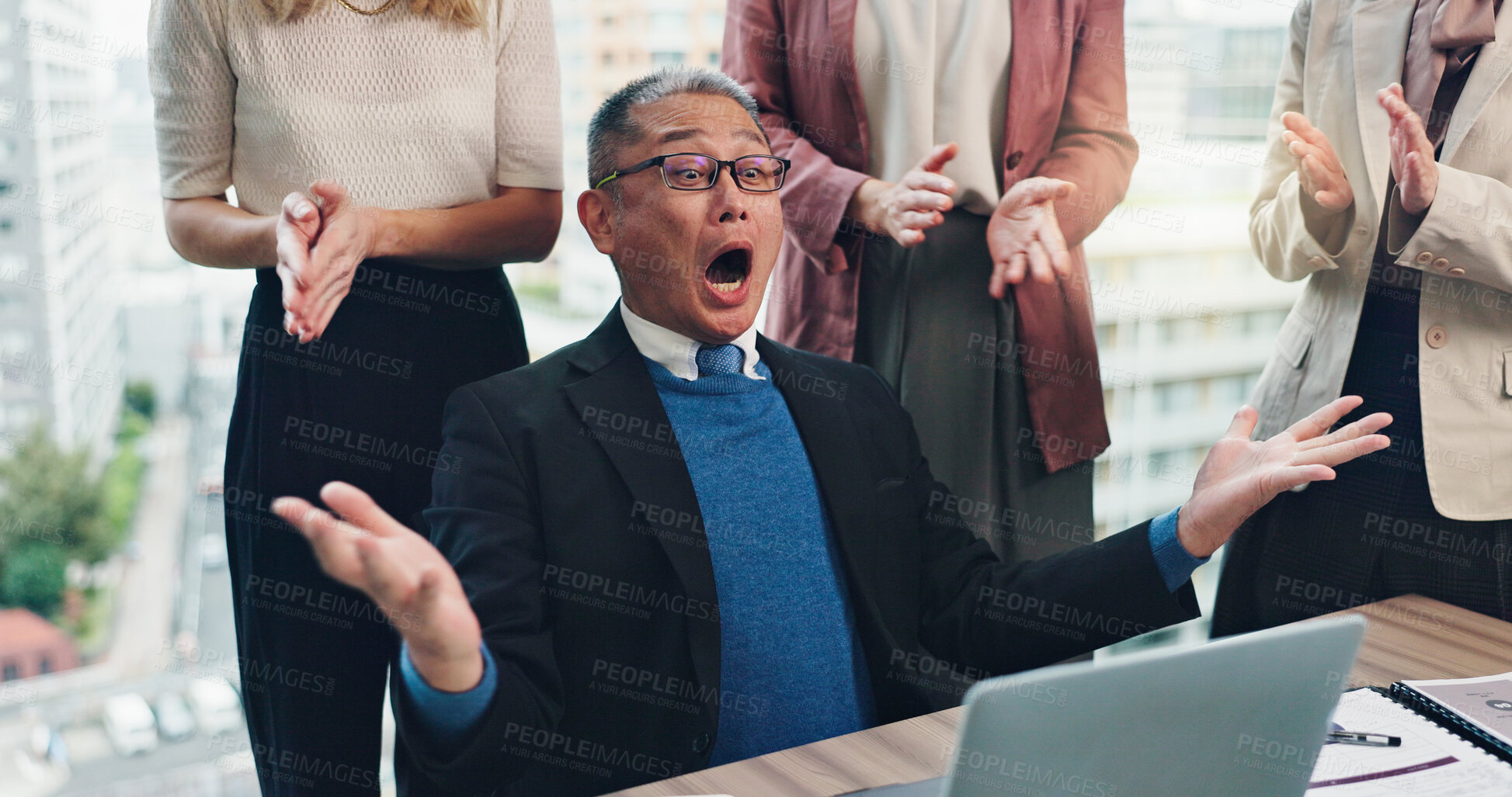 Buy stock photo Businessman, surprise and team celebrate on laptop for achievement, success or clapping. Excited, winner and shocked mature manager with Japanese group for award, wow and investment profit in office