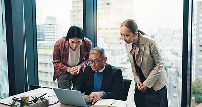 Buy stock photo Meeting, laptop and team of business people planning or solution with mature CEO. Japanese group, collaboration or discussion on computer for sales results, finance or reading profit email in office