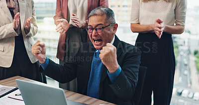 Buy stock photo Businessman, applause and team celebrate on laptop for achievement, success or clapping. Excited, winner and mature manager cheers with Japanese group for award, yes and investment profit in office