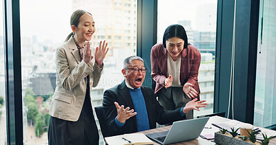 Buy stock photo Business people, applause and team celebrate on laptop for achievement, success or clapping. Excited, winner or mature manager cheers with Japanese group for award, yes or investment profit in office