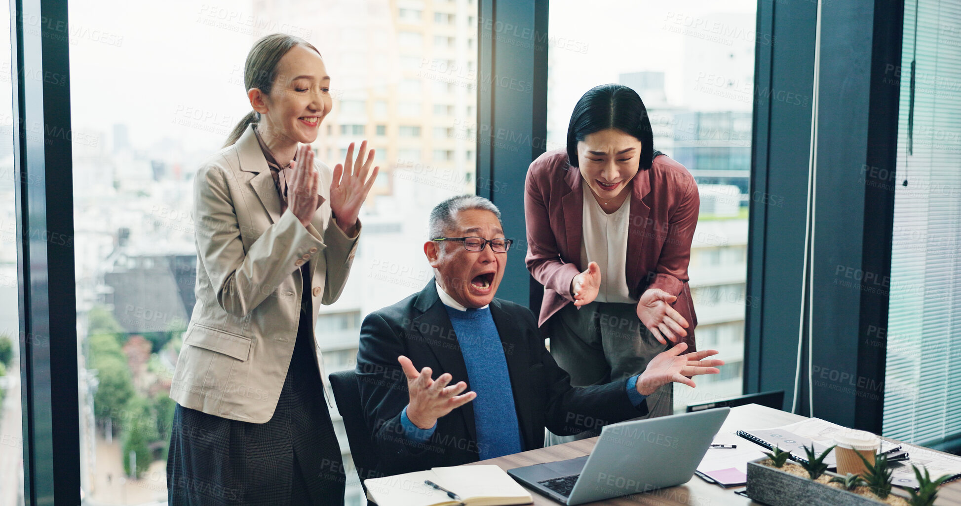 Buy stock photo Business people, applause and team celebrate on laptop for achievement, success or clapping. Excited, winner or mature manager cheers with Japanese group for award, yes or investment profit in office