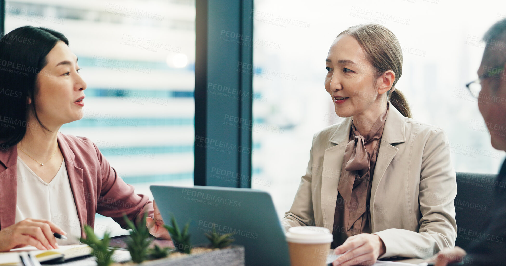 Buy stock photo Meeting, laptop and group of business people planning, solution or cooperation with mature CEO. Japanese team, collaboration and project discussion for sales budget, finance or profit email in office