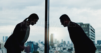 Buy stock photo Japanese people, bow and meeting at window for business, collaboration and culture greeting in office. Corporate team, traditional welcome or gesture in agency for partnership, cooperation or respect