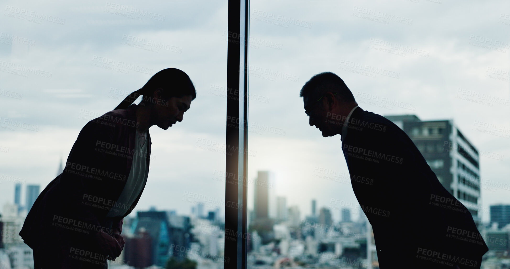 Buy stock photo Japanese people, bow and meeting at window for business, collaboration and culture greeting in office. Corporate team, traditional welcome or gesture in agency for partnership, cooperation or respect