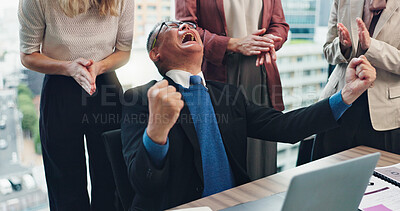 Buy stock photo Businessman, applause and Japanese team celebrate on laptop for achievement, success or clapping. Excited, winner or mature manager cheers with group for award, yes and investment profit in office