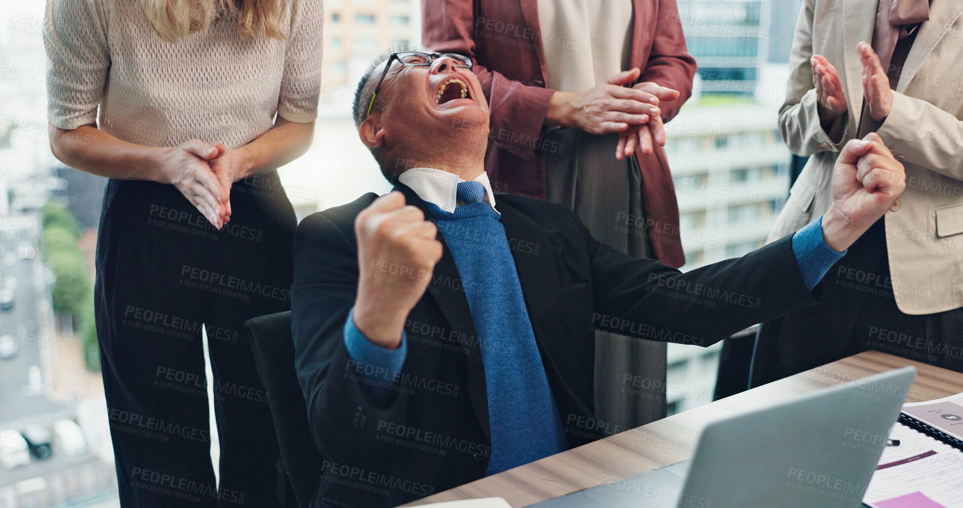 Buy stock photo Businessman, applause and Japanese team celebrate on laptop for achievement, success or clapping. Excited, winner or mature manager cheers with group for award, yes and investment profit in office