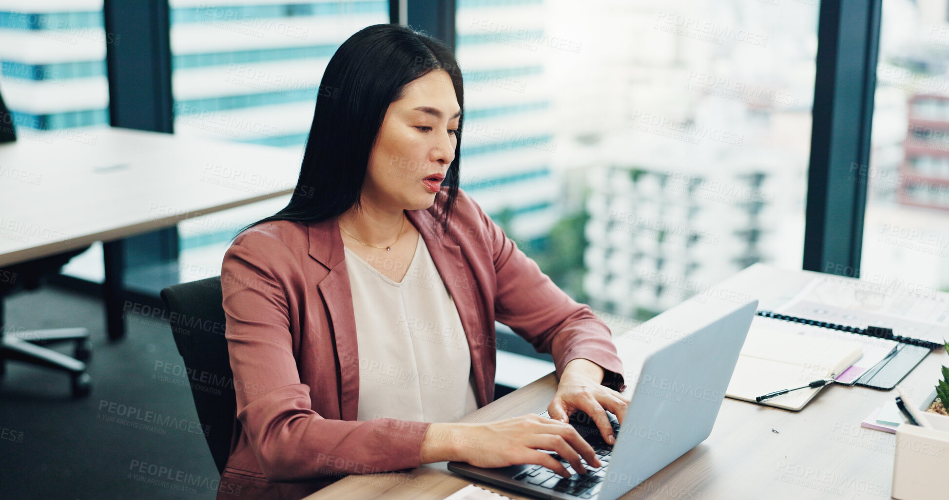 Buy stock photo Business, typing and woman with laptop, serious and online reading for email, network and accounting. Japanese person, economy analyst and employee with pc, website information and connection