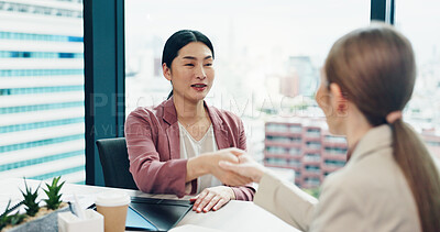 Buy stock photo Japanese women, handshake and agreement for business deal, integration or investment merger. Team, smile and shaking hands for partnership opportunity, b2b contract and collaboration offer in office