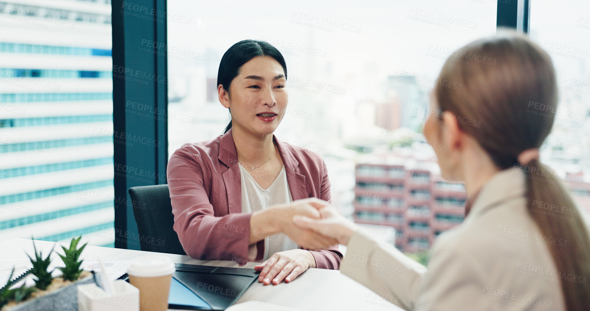 Buy stock photo Japanese women, handshake and agreement for business deal, integration or investment merger. Team, smile and shaking hands for partnership opportunity, b2b contract and collaboration offer in office