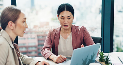 Buy stock photo Meeting, laptop and business women in office planning finance report for company investment. Discussion, computer and Japanese female financial advisors working on stakeholder revenue account.