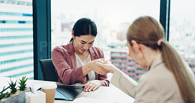 Buy stock photo Japanese women, handshake and bow for business, integration deal or investment merger. Team, respect and shaking hands for partnership opportunity, b2b contract and collaboration agreement in office