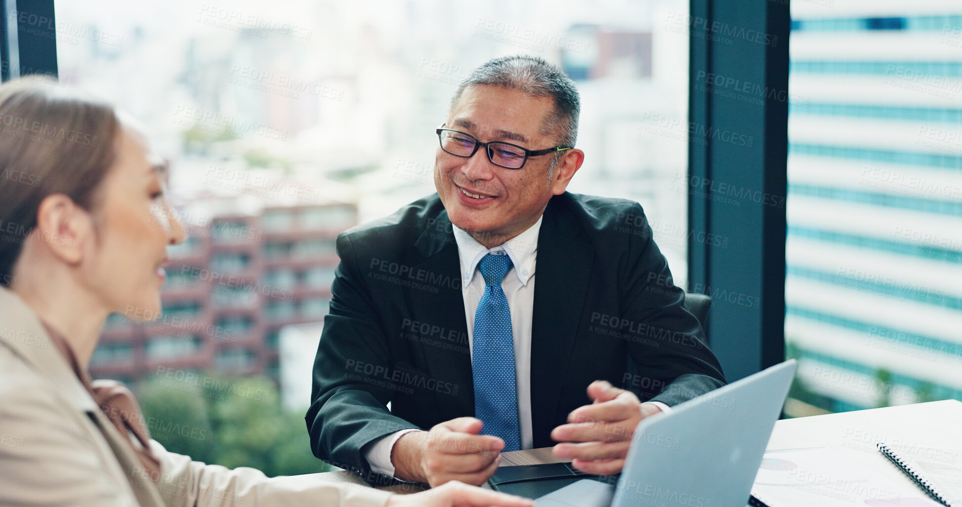 Buy stock photo Japan, teamwork and business people in meeting, laptop and conversation with attorney. Employees, corporate professional or coworkers with computer, cooperation and research for legal aid and advice