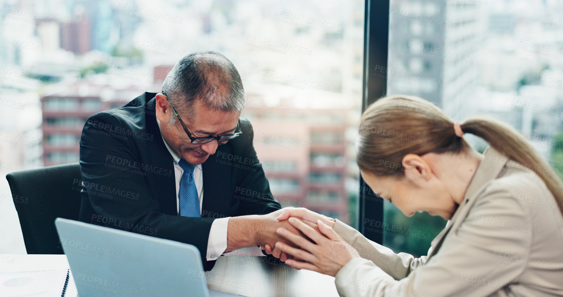 Buy stock photo Business, people bow and handshake for agreement, integration deal and investment merger. Japanese team,  shaking hands and partnership opportunity, respect or collaboration with mature ceo in office