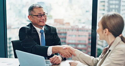 Buy stock photo Business people, mature ceo and handshake for deal, integration agreement or investment merger. Japanese team, smile or shaking hands for partnership offer, b2b contract and collaboration in office