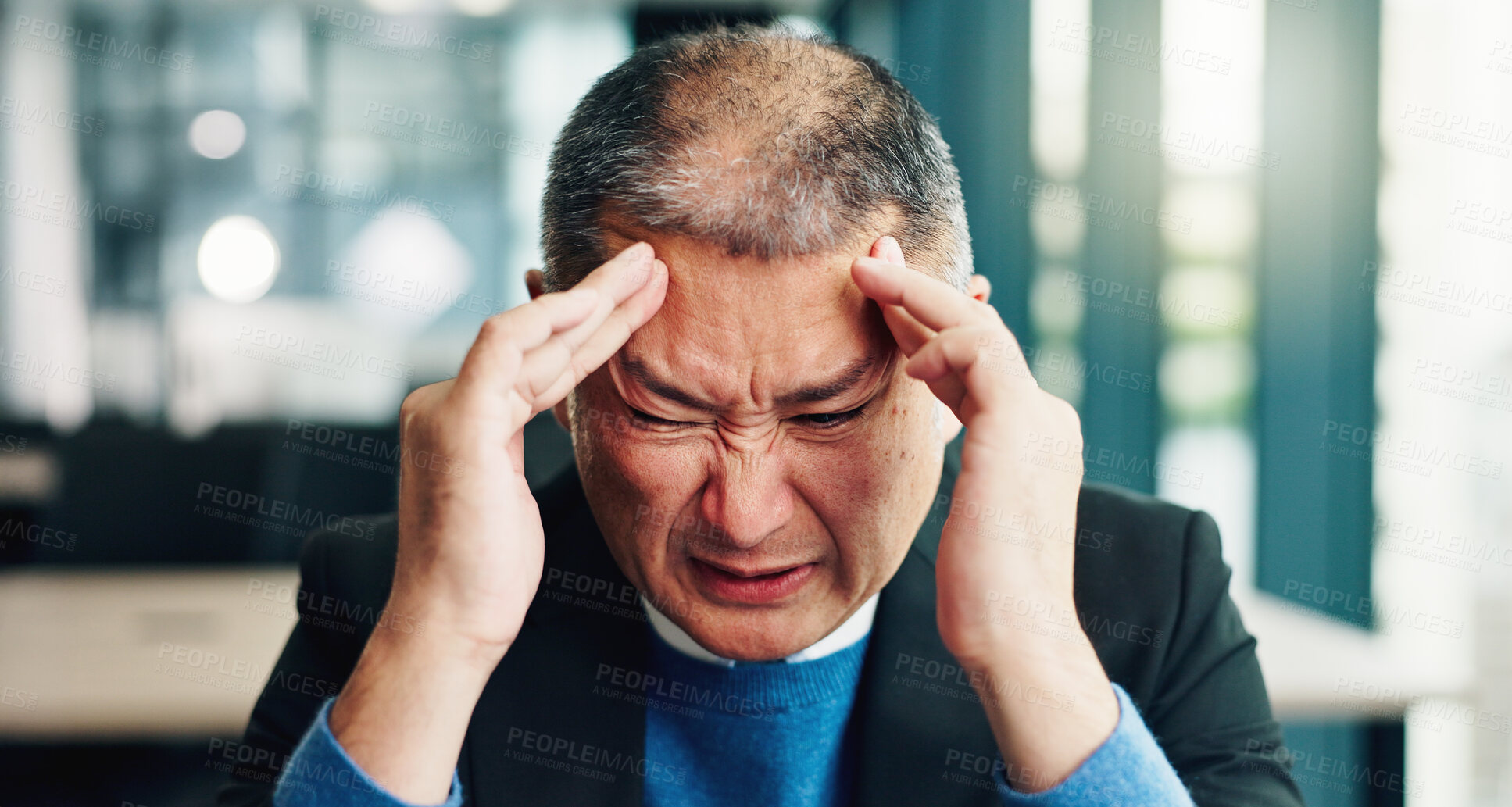 Buy stock photo Business, headache and man in office, burnout and overworked with fatigue. Japanese person, employee and consultant in workplace, migraine and tired with stress, deadline for project and pressure