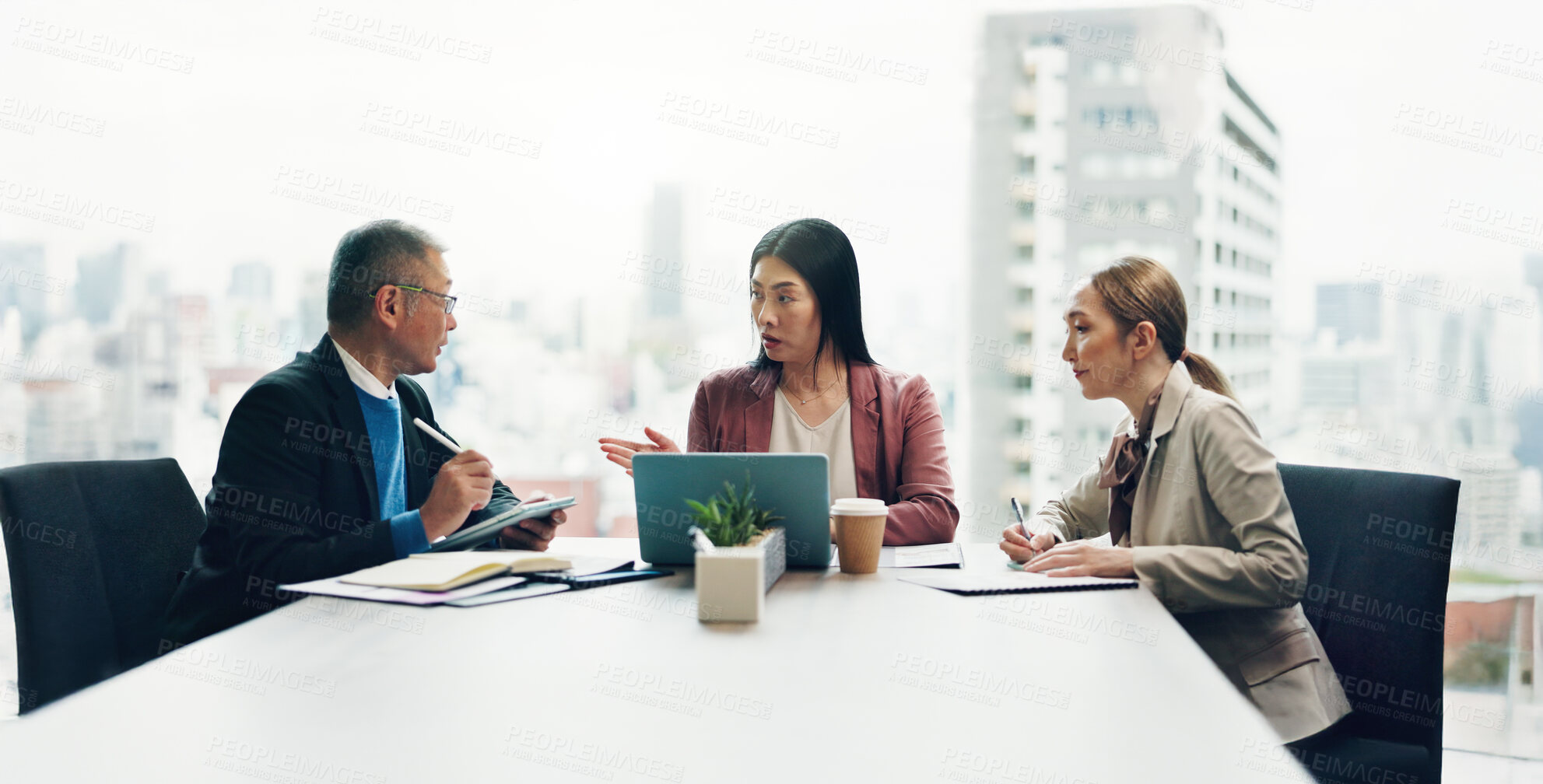 Buy stock photo Japan, laptop and business people in meeting, conversation and discussion with review. Employees, global traders and group in office, computer and feedback for progress, idea and communication