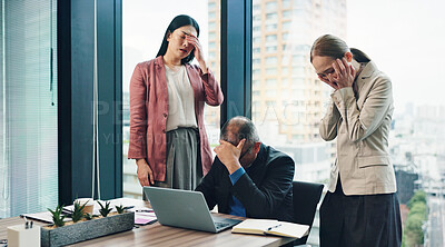 Buy stock photo Frustrated asian, business people or laptop with bankruptcy for bad news, investment or corporate loss at office desk. Japan, group or employees with computer for mistake or company debt at workplace