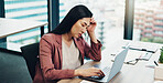 Business, woman and laptop with headache of stress for investment mistake, financial crisis or bankruptcy. Japanese firm, accountant or overwhelmed with pressure, mental health or budget fail at desk