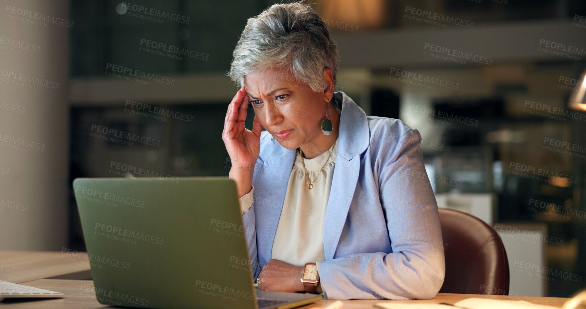 Buy stock photo Thinking, stress and mature woman with headache, night and financial crisis in company, tension and burnout. Pain, accountant and person with laptop, discomfort and migraine for overtime in office