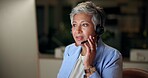 Call center, headset and mature woman listening, telemarketing or help desk at night in office. Microphone, insurance agent or customer service for support, business advice and contact us on deadline