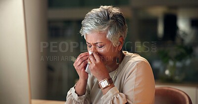 Buy stock photo Sick, mature and businesswoman in office with tissue, allergy or flu illness at work with disease. Blowing nose, night or editor sneezing with cold, sinus virus or hay fever in overtime or workplace