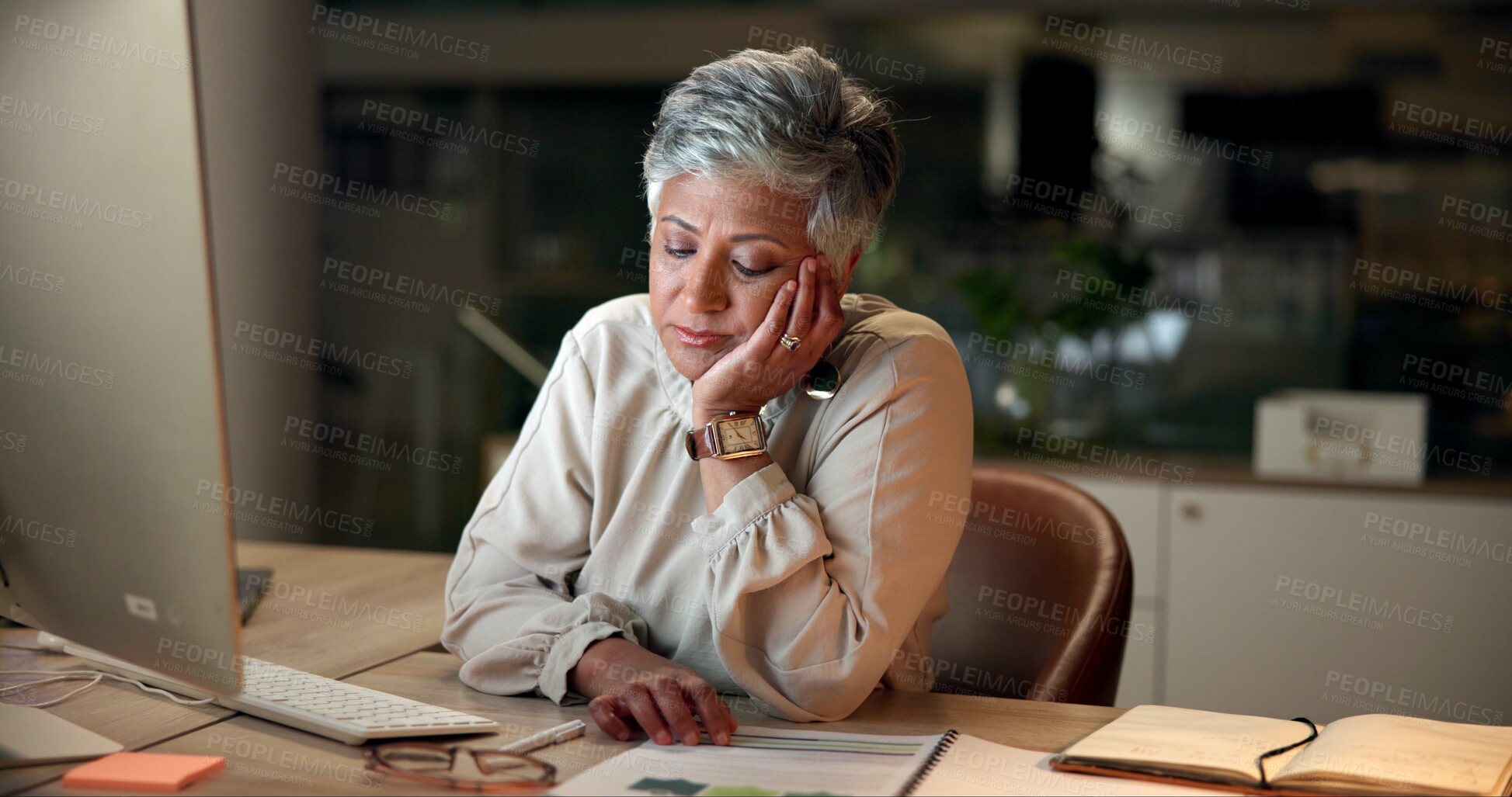 Buy stock photo Burnout, business and night with mature woman in office, computer and overworked with internet, tired and sleepy. Person, employee and consultant with fatigue, pc and exhausted with insomnia or bored