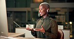 Night, business woman and smile with computer, planning and brainstorming for overtime project. Black person, employee and accountant with online, research and professional project proposal deadline