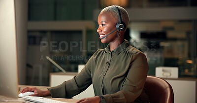 Buy stock photo Call center, telemarketing and happy black woman on computer, listen or help desk at night. Consulting, insurance agent or customer service for support, business advice or lead generation on overtime