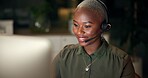 Call center, happy black woman and customer service, consulting or listening for help at night. Computer, insurance agent and telemarketing for support, business advice or lead generation on overtime