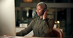 Call center, happy black woman and headset for customer service or listen at help desk at night. Computer, insurance agent or telemarketing for support, business advice or lead generation on overtime