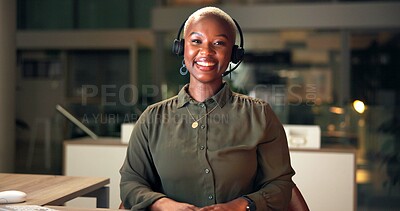 Buy stock photo Call center, happy black woman and portrait for customer service or support at help desk at night. Face, smile and receptionist in office for telemarketing, professional business or overtime in Kenya