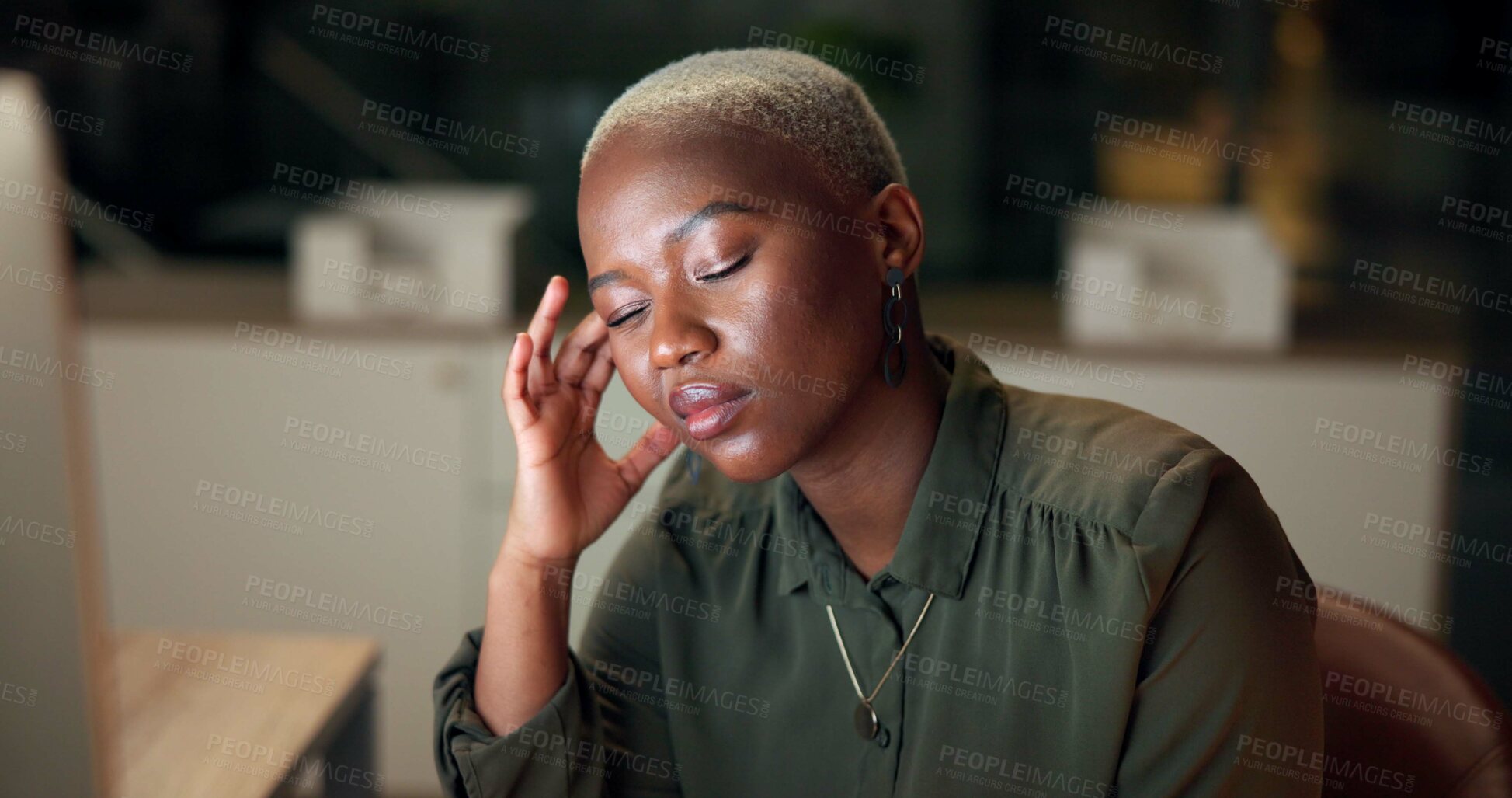 Buy stock photo Headache, stress and black woman in office, night and tired of working late, pain and thinking of project. Copywriter, overtime and workaholic with migraine, discomfort and contemplating for deadline