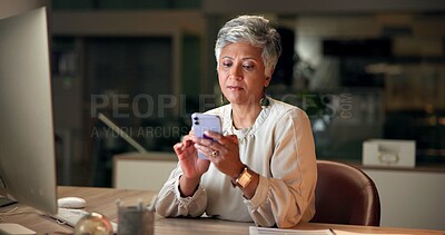 Buy stock photo Phone, read and mature businesswoman in office at night with communication, networking and contact. Connectivity, cellphone and female finance planner with email for global client investment report