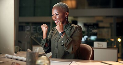 Buy stock photo Night, business woman and celebration with success, planning and excited with overtime project. Black person, employee and accountant with goal, achievement and professional proposal for profit