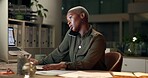 Phone call, night and business with black woman, conversation and connection in modern office. Employee, journalist and consultant in workplace, smartphone and communication with digital app and talk